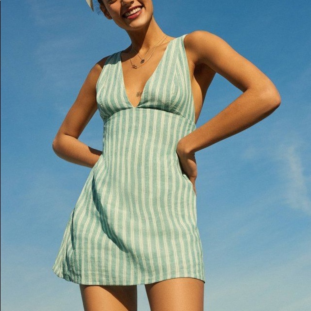 UO Breezy Plunging Linen Mini Dress